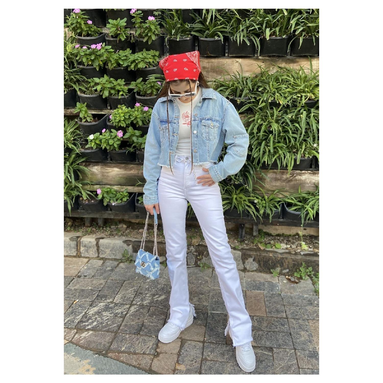 

Light Blue Tasseled Crop Denim Jacket S синій