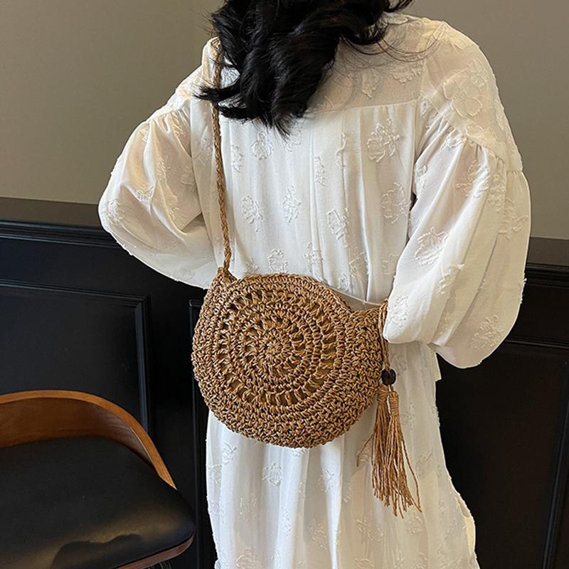 Women Hollow Straw Bag Circle Rattan Bag Round Soft Paper Rope Shoulder MessengerBag Tassel Summer Beach Handmade Crossbody Bags