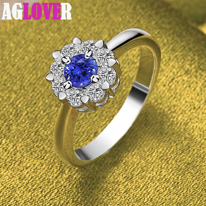 925 Sterling Silver Bule Round AAA Zircon Ring Jewelry