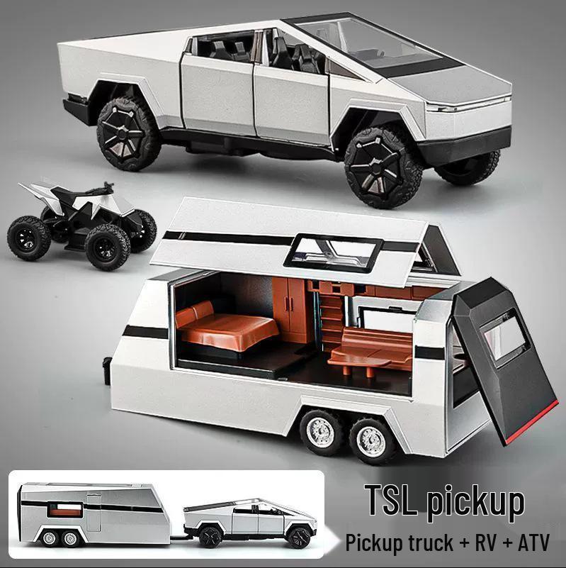 1:32 Tesla Pickup Truck Toy with Caravan: Alloy Pull-back Model with Sound, Light, and Opening Doors
