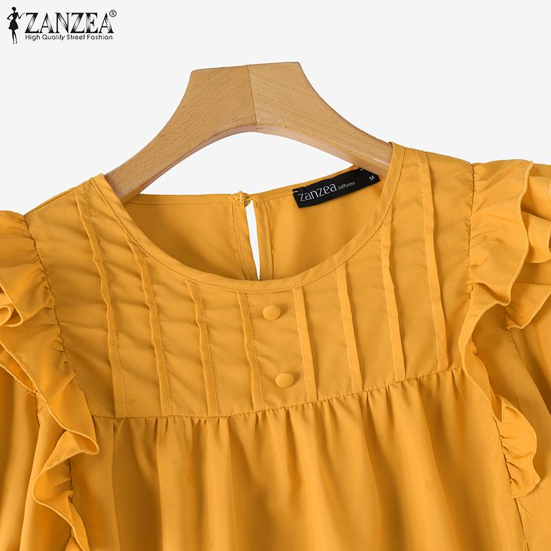 ZANZEA Damen Sommerbluse mit Rundhalsausschnitt, kurzen Ärmeln, gestreift, Rüschen