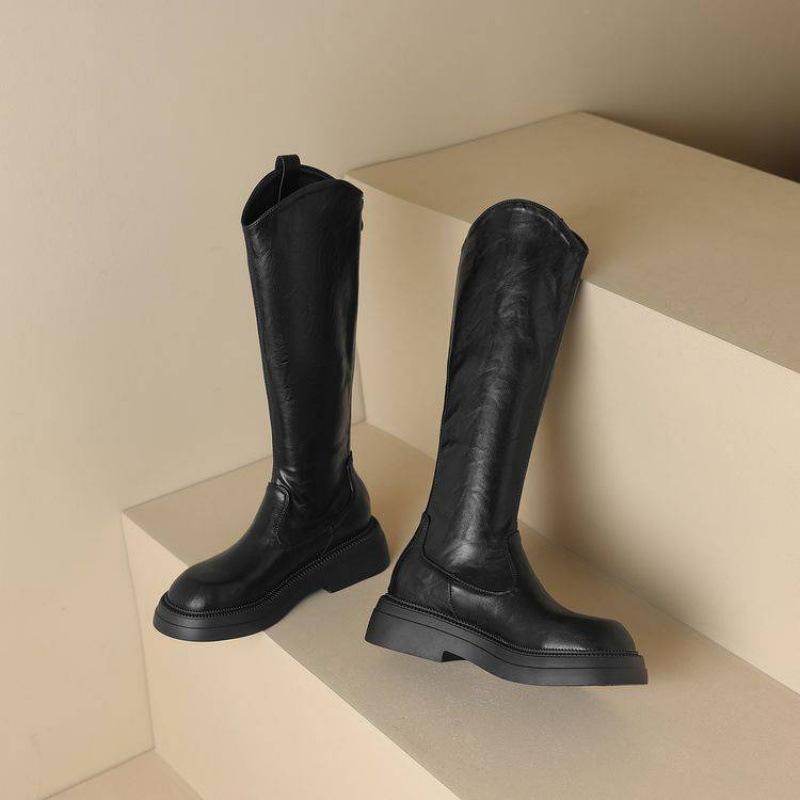 

Korean version of the new round-headed Martin boots, thick-soled large-size women s shoes, rear zipper, solid-color leather-faced high boots, autumn 39 чёрный