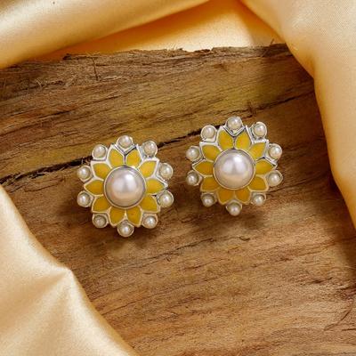 Classic Women's Rhodium Plated Meenakari Pearl Yellow Enamel Stud Earrings