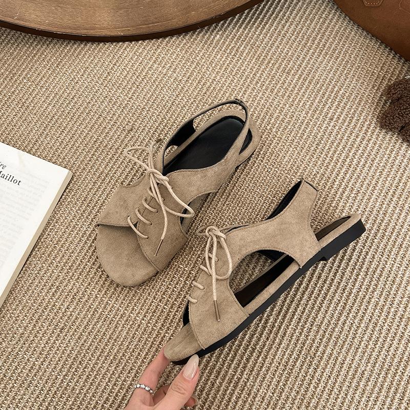 European, American and Roman lace-up round head sandals summer new thick-soled one-pedal round head open-toed front lace-up beach sandals