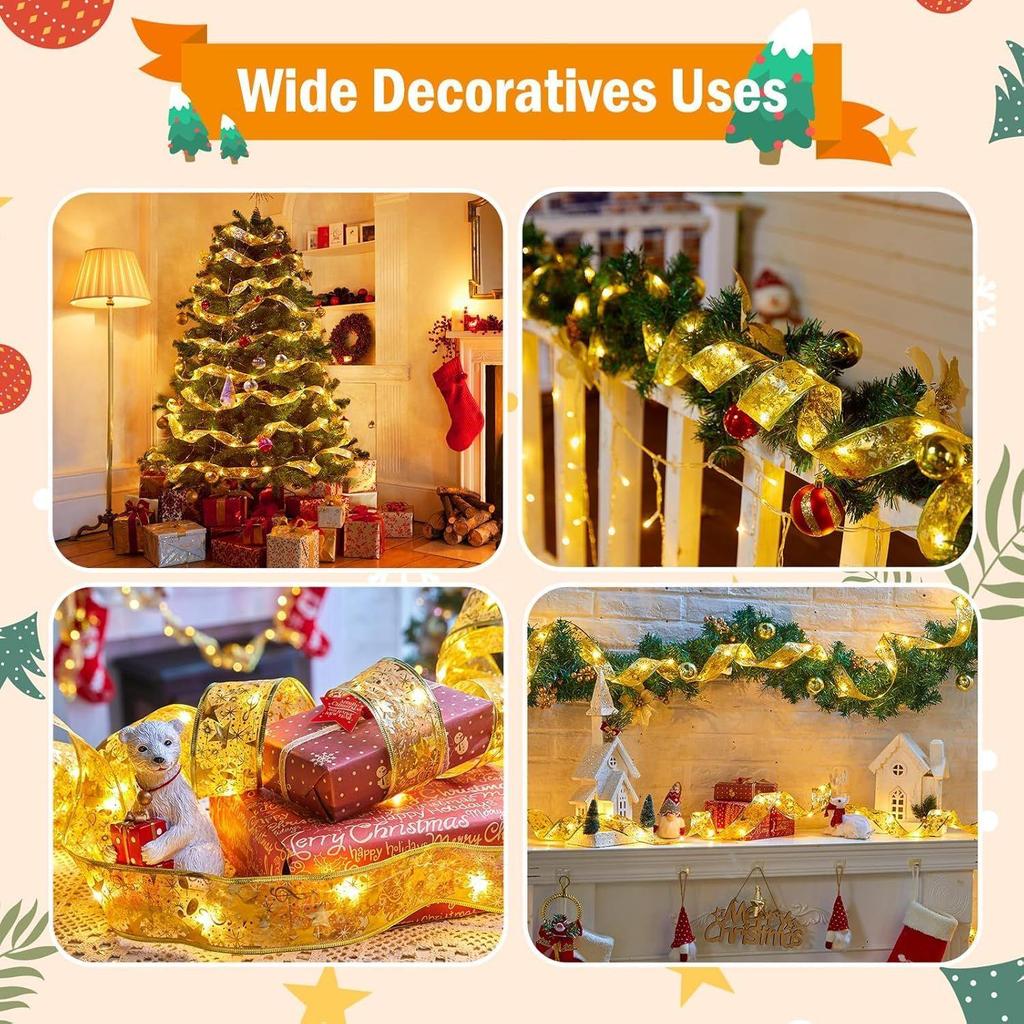 Weihnachtsbaumband (L=3m,B=5cm) Goldene Lichterkette, 30 LED Warmes Licht Dekorative Schleife für Weihnachtsdekoration, Geschenkverpackung(Keine Batterien enthalten)