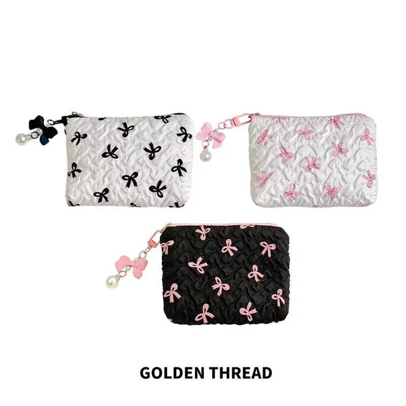Bolsa pequeña de maquillaje con lazo estampado en rosa y negro para mujer, práctica minicaja para lápiz labial, neceser, bolsa para guardar toallas sanitarias.
