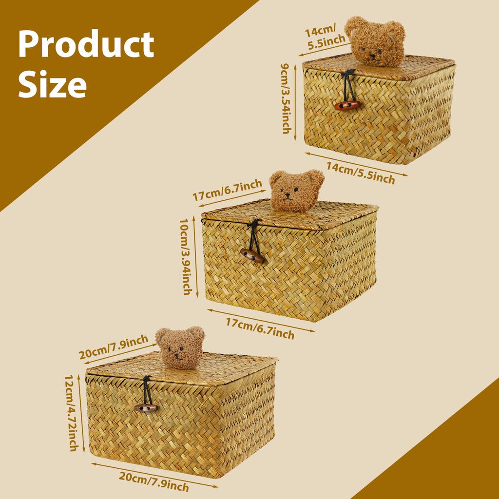 3Pcs Natural Storage Basket with Lid Stackable Large Seagrass Basket Organizer Bins For Home Kitchen Grocery Storage Container