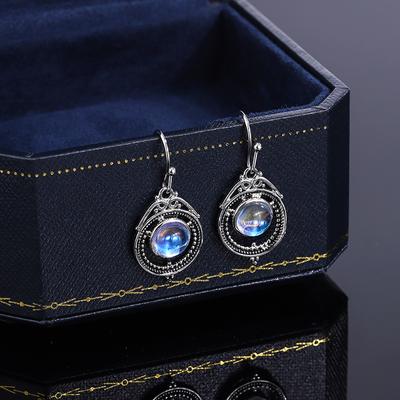 Kreative Ohrringe für Damen, stilvolle Creolen mit Mondstein, edler Partyschmuck, Sterlingsilber, Schmuck mit Zirkonia