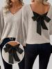 Women's V-Neck Solid Color Knit Sweater Autumn Imported New Long Sleeve Casual Loose Bow Top for Women