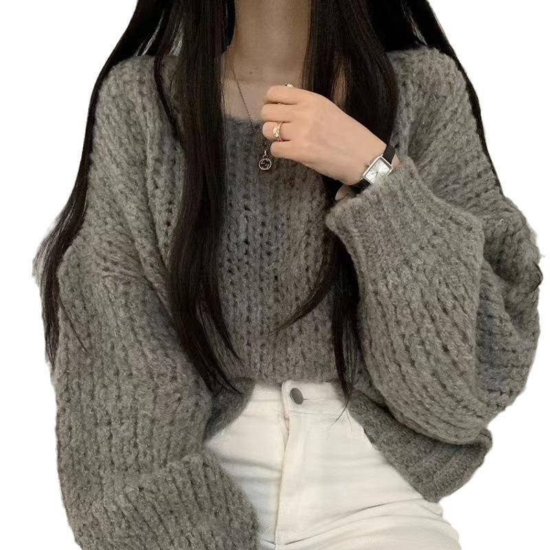 Wind Autumn and Winter Coarse Needle Versatile Knitted Sweater Women's Lazy Wind Round Neck Pullover Loose Lantern Sleeve Sweater Women's Short