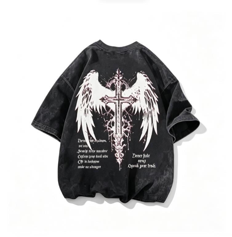 Dark Angel Graphic Tee, Vintage Washed Black Cross Shirt, Gothic Streetwear T-Shirt