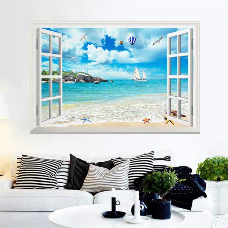 Island Beach Seagull Hot Air Balloon 3D Creative Wall Sticker Home Room Decoration Painting