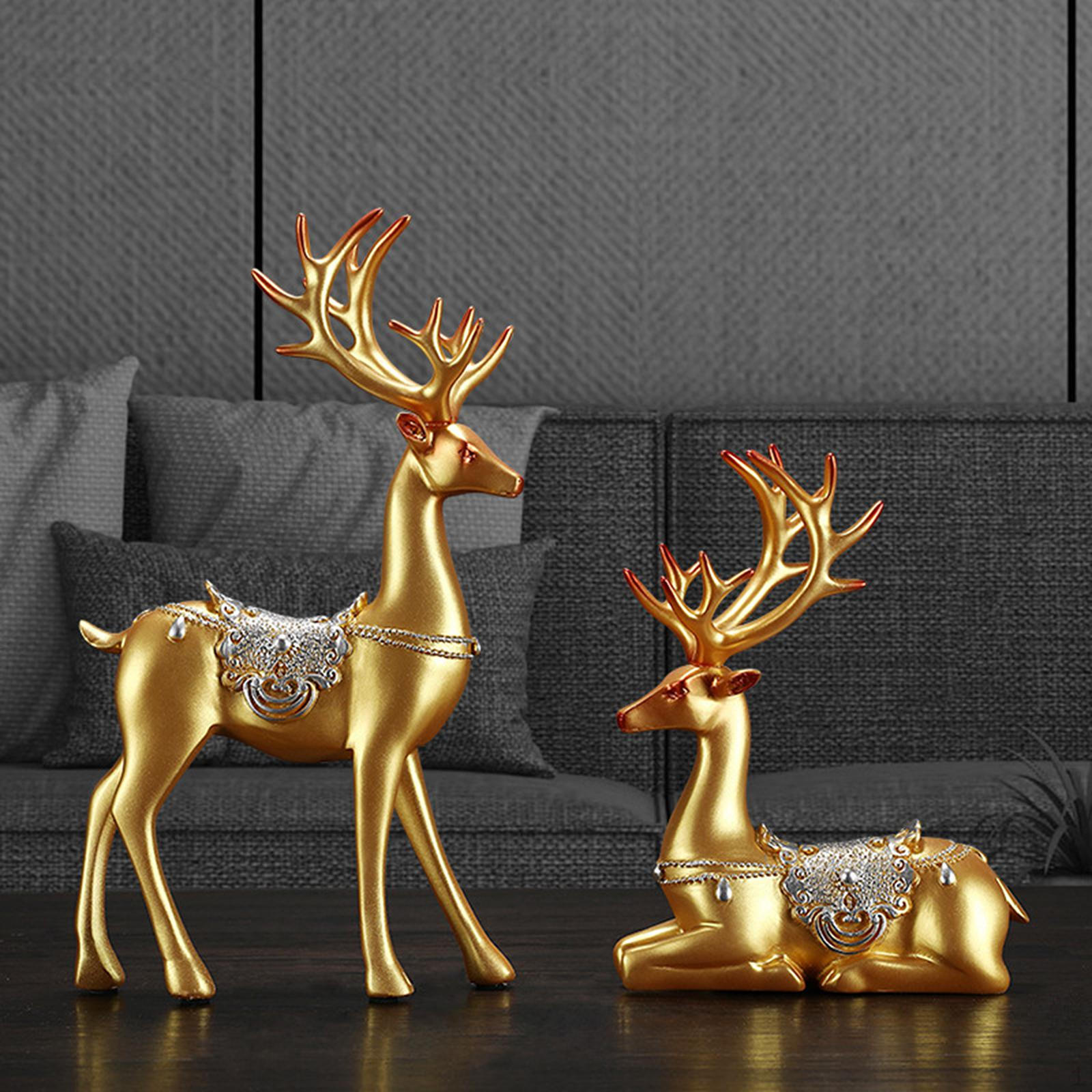 2Pcs Reindeer Figurines Nordic Style Elk Sculpture Resin Deer Statues for Wine Cabinet Decoration Option 2-Gold