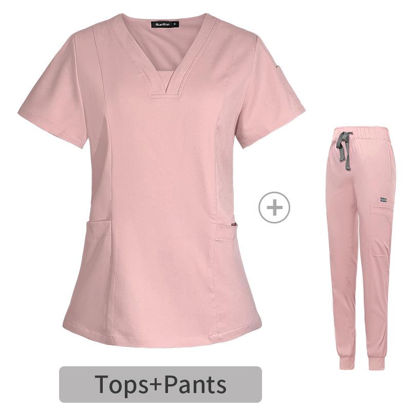 V-neck Women's Hospital Scrub Suit with Short Sleeves and Printed Design