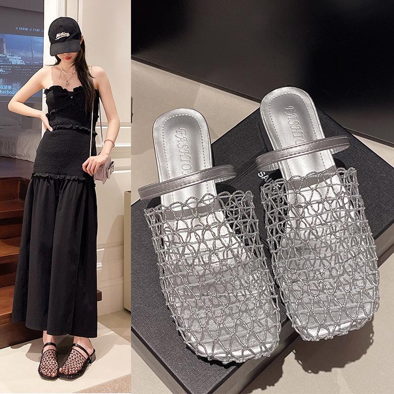 Sandale romane goale țesute cu plasă de pescuit de nișă europeană și americană, de vară pentru femei, noi, de pescar, cu talpă plată, cu vârf rotund, cu cap de sac, jumătate papuci