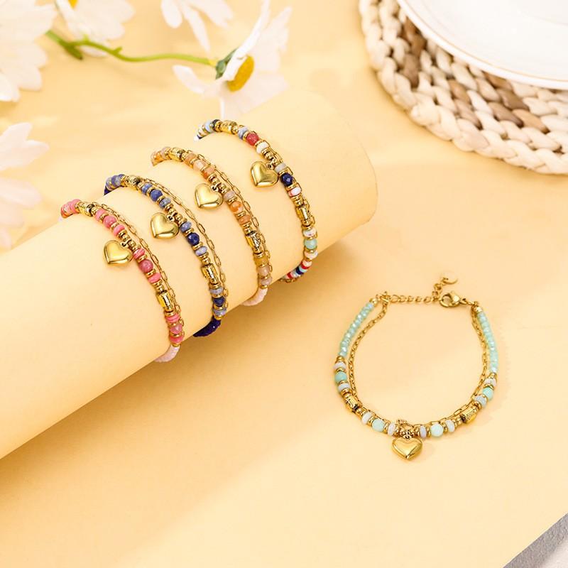 Boho Style Stainless Steel Double Layer Bracelet With Natural Stone Beads Heart Charm Women