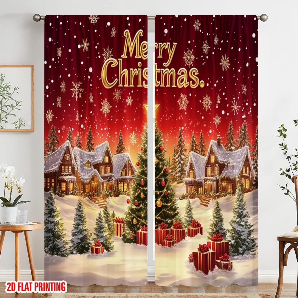 2pcs,2D Plane Printing Window Curtain Merry Christmas Village Scene Polyester Fabric (without Rod) All Seasons Perfect for