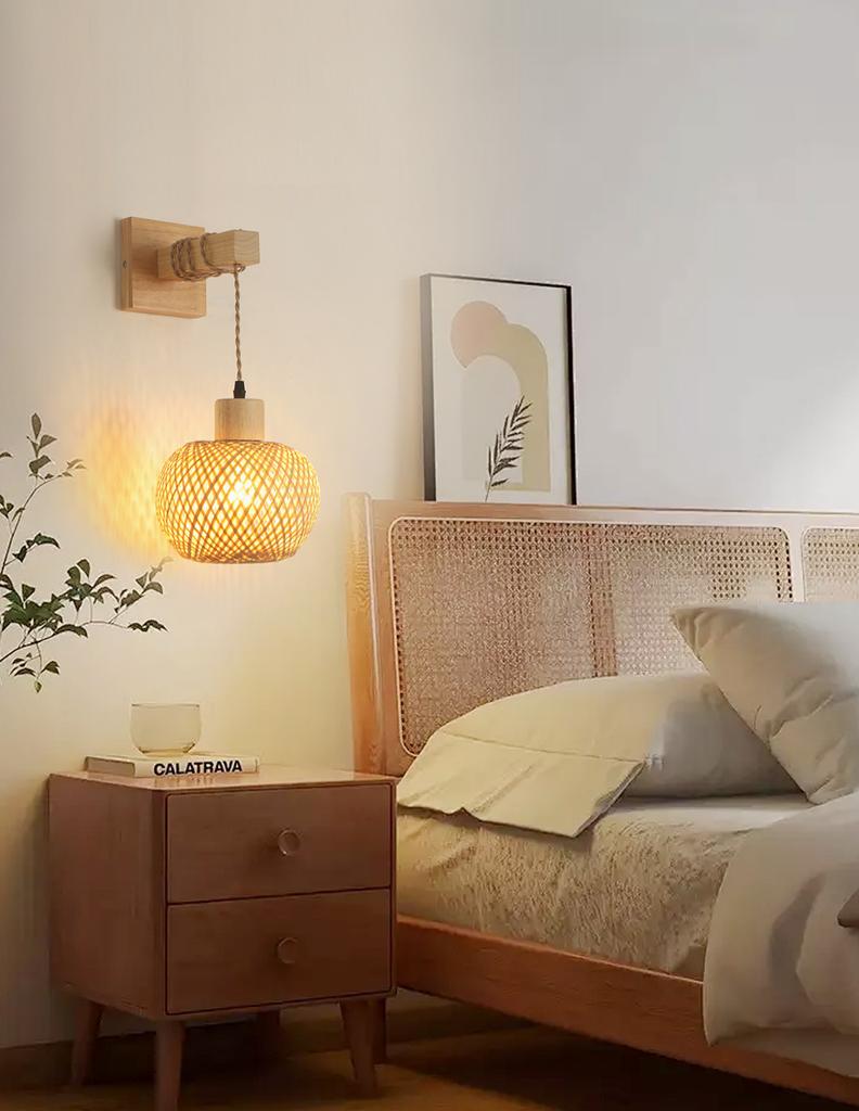 Retro Japanese Style Bamboo Wall Lamp Restaurant Rattan Lighting Bedside Bedroom Farmhouse Country Interior Background Wall Lamp