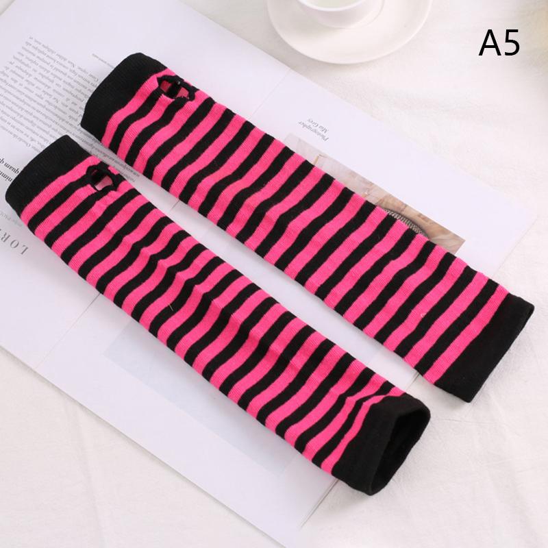 

New Long Glove Arm Cover Classic Pink Black And White Striped Fingerless Elbow Gloves Warmer Knitted Wristband A5
