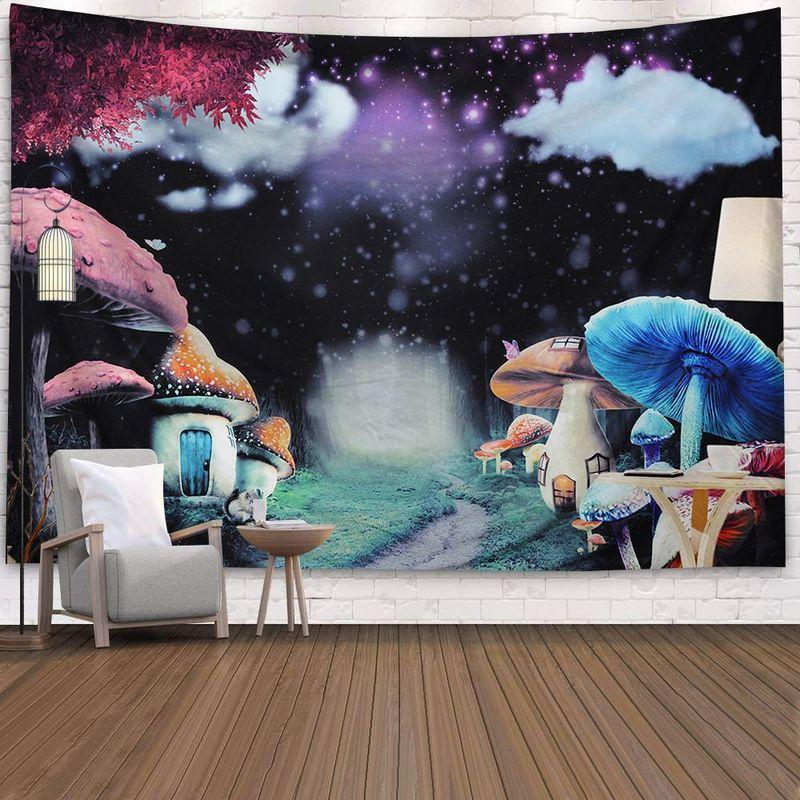 Mushroom Forest Tapestry, Peach Skin Velvet Background Fabric, Polyester Digital Printing Wall Carpet, Room Decoration Hanging Fabric