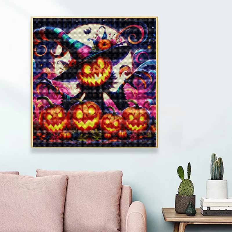 5D Diamond Art Kit Halloween Pumpkin Witch Pattern DIY Full Drill Painting Canvas Relaxing Autumn Seasonal Craft Gift Home Decor