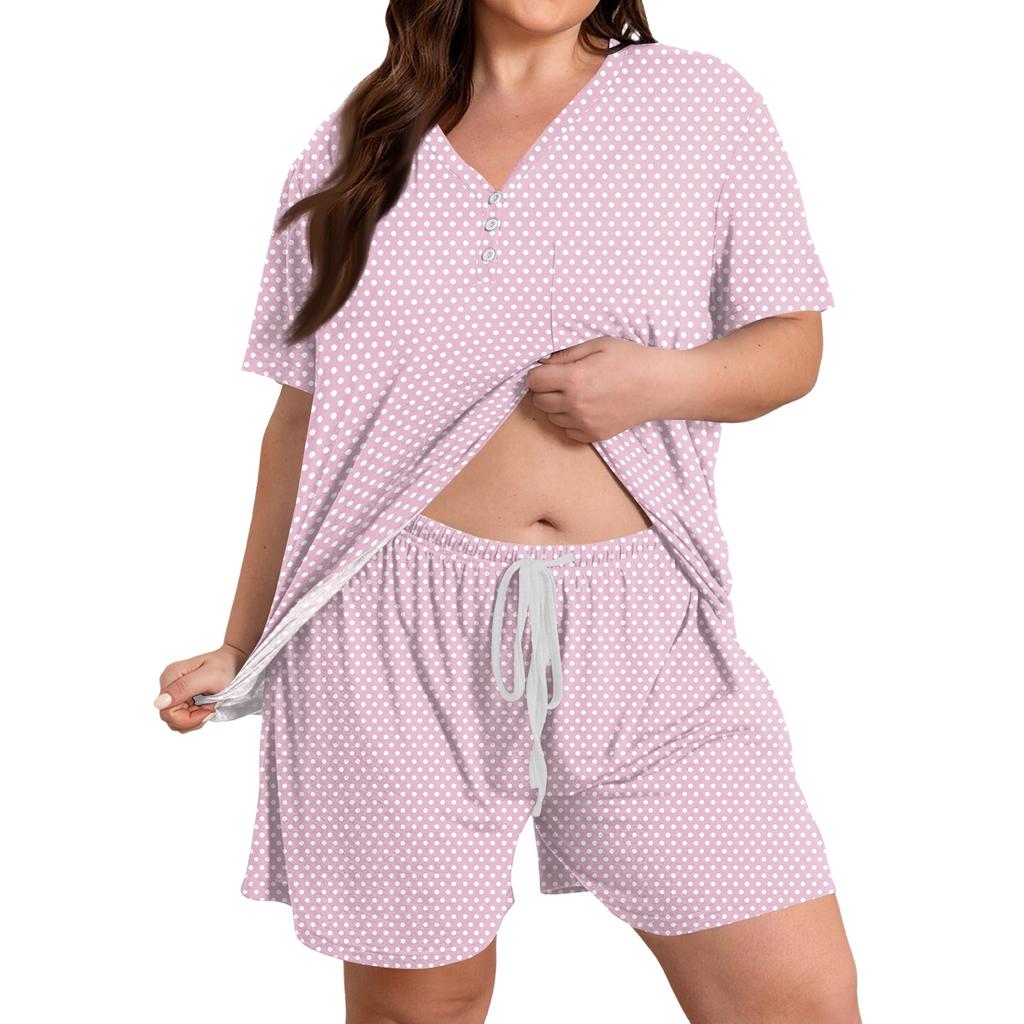 Women's Plus Size Short Sleeve Round Neck Printed 2-Piece Outfit Set - Casual Loose Fit Summer Shorts