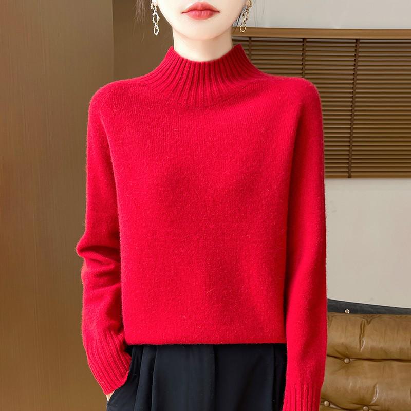 Women's Pure Wool Half-High Collar Loose Knit Sweater - Thickened Autumn/Winter Base Layer Pullover