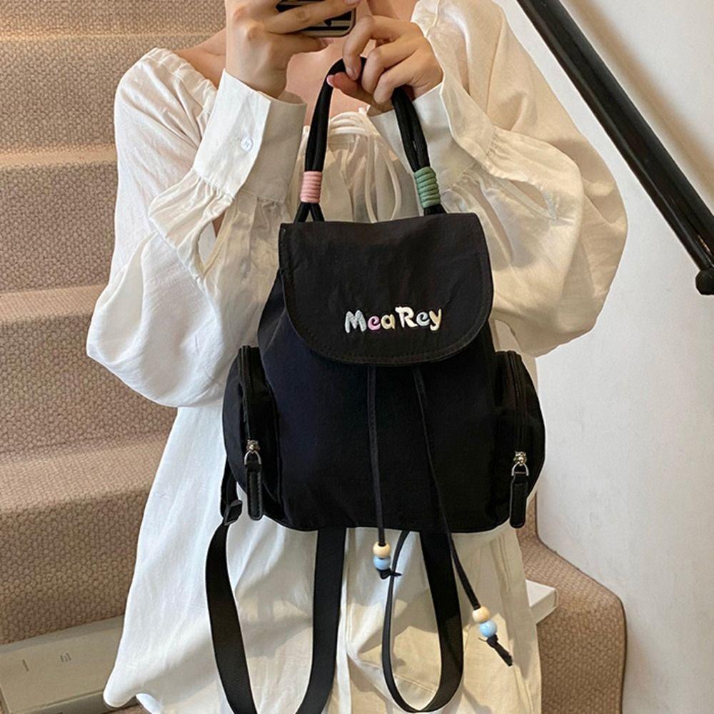 Nylon Students School Bag Letter Embroidery Shoulder Bag Kawaii Drawstring Backpack Travel