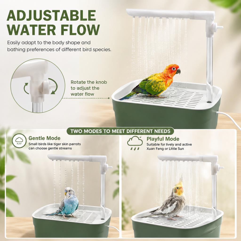 Automatic Bird Bath for Budgies with Pump, USB Rechargeable Parrot Shower Fountain, Adjustable Water Flow Circulation Bathtub, Q