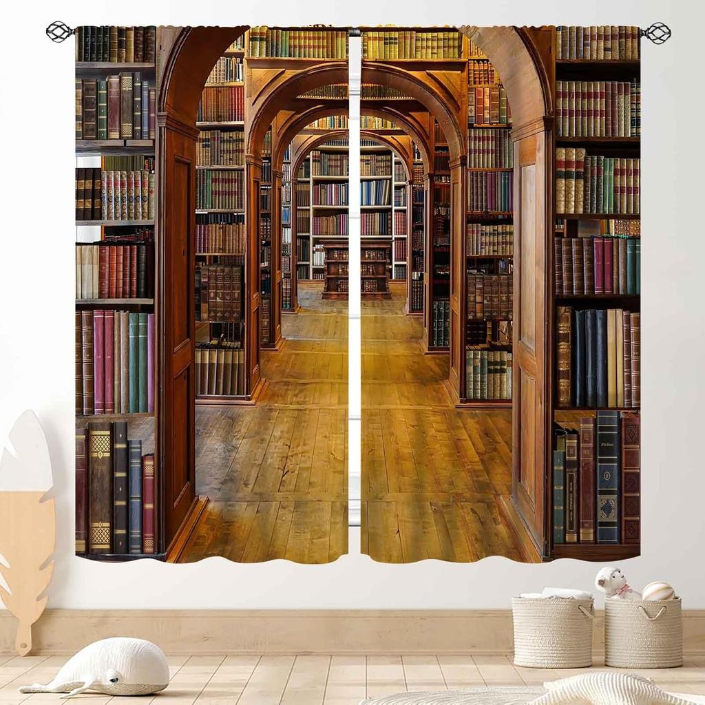 Witchy Curtains Fantasy Magical Bookshelf Mysterious Bookcase Skull Spooky Gothe Window Drapery Treatments Vintage Blackout Made Of Polyester
