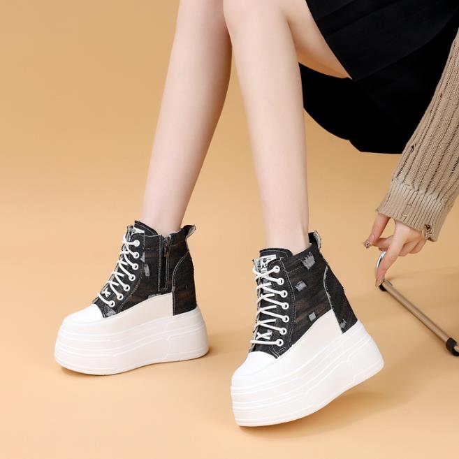 

Модные кеды на платформе, холщовые, высокие, на ультравысоком каблуке, увеличивающие рост на 10 см, маленькие повседневные спортивные туфли, женские одинарные туфли 40 чёрный