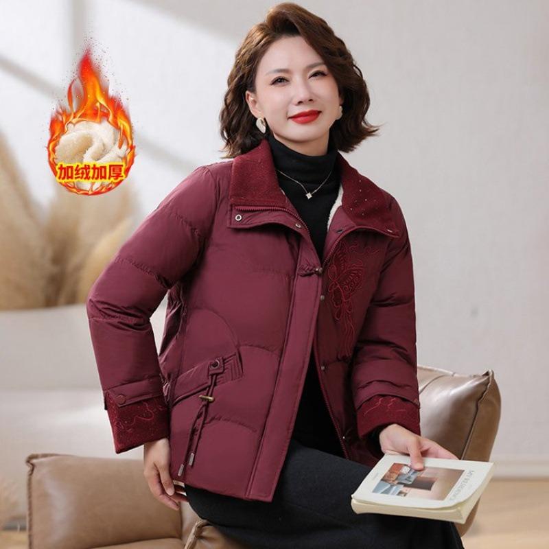 Casual Short Padded Jacket Winter Middle-aged and Old Women's Clothing Versatile Disc Buckle Velvet Padded Jacket Large Size Mother Clothing