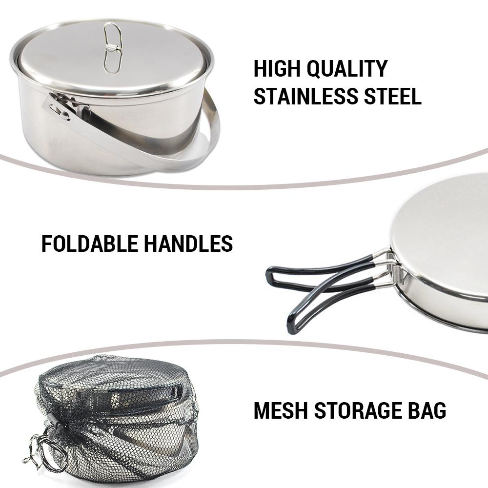 Camping Cookware Mess Kit for 4 Persons Stainless Steel Cooking Set with Pot Pan Soup Spoon Bowls