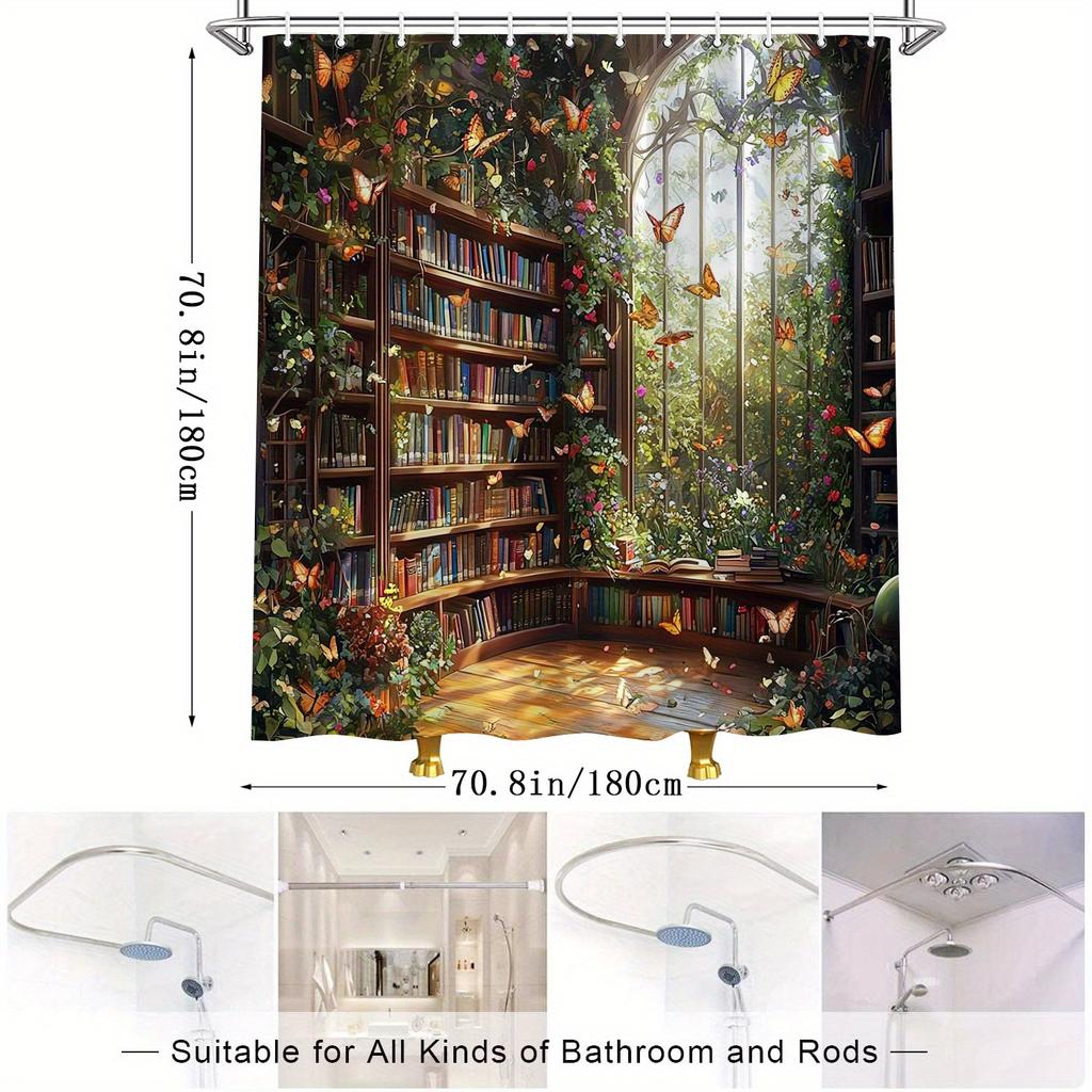 Enchanted Library Shower Curtain - Fantasy Bookshelf, Watercolor Art, Colorful Books & Butterflies, Water-Resistant