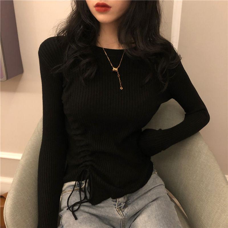Spring and Autumn New Slim Fit Knitted Base Sweater Women's Sweater Stylish Round Neck Long Sleeved Tight Drawstring Clothes Trendy