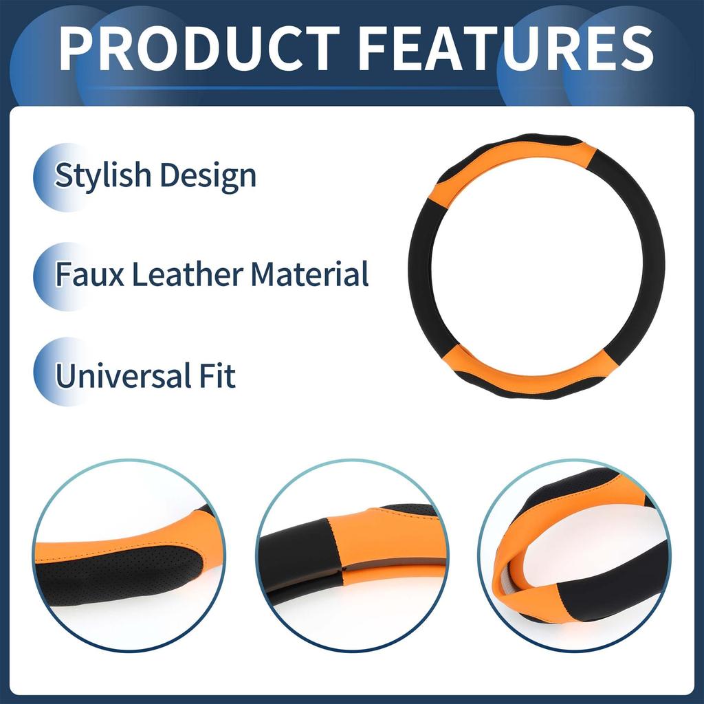 INFINAUTO Steering Wheel Car Steering Wheel Faux Black and 1 Piece Cover, 36.5-37.9cm, Cover, Leather, Orange,