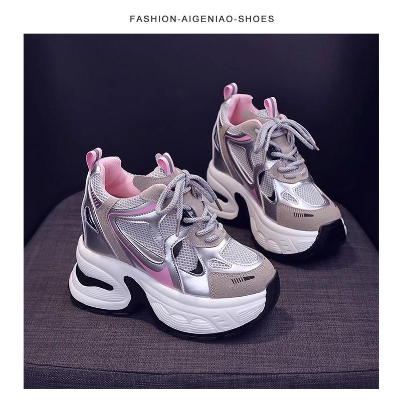 High Platform Casual Lace-up Sneakers for Women 10CM Designer Lightweight Breath Mesh Leather Thick Heel Sport Dad Shoes