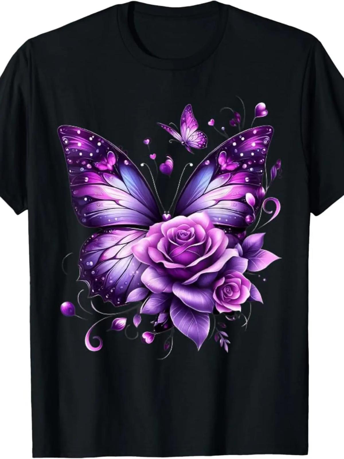 Men s Vintage-Inspired Butterfly & Purple Rose Graphic T-Shirt - 100% Cotton, Sh 2XL