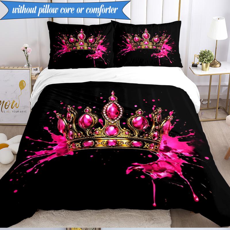 3PCS Pink Crown Sparkle Majesty Bedding Set,Including 1pc Duvet Cover And 2pcs Pillowcases Perfect for Bedroom, Dormitory, Fan Christmas Gift