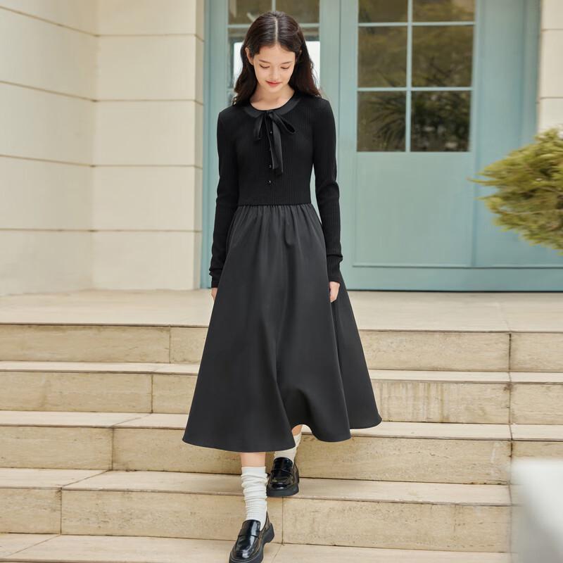 Le Tine Bow Collar Patchwork A-Line Dress