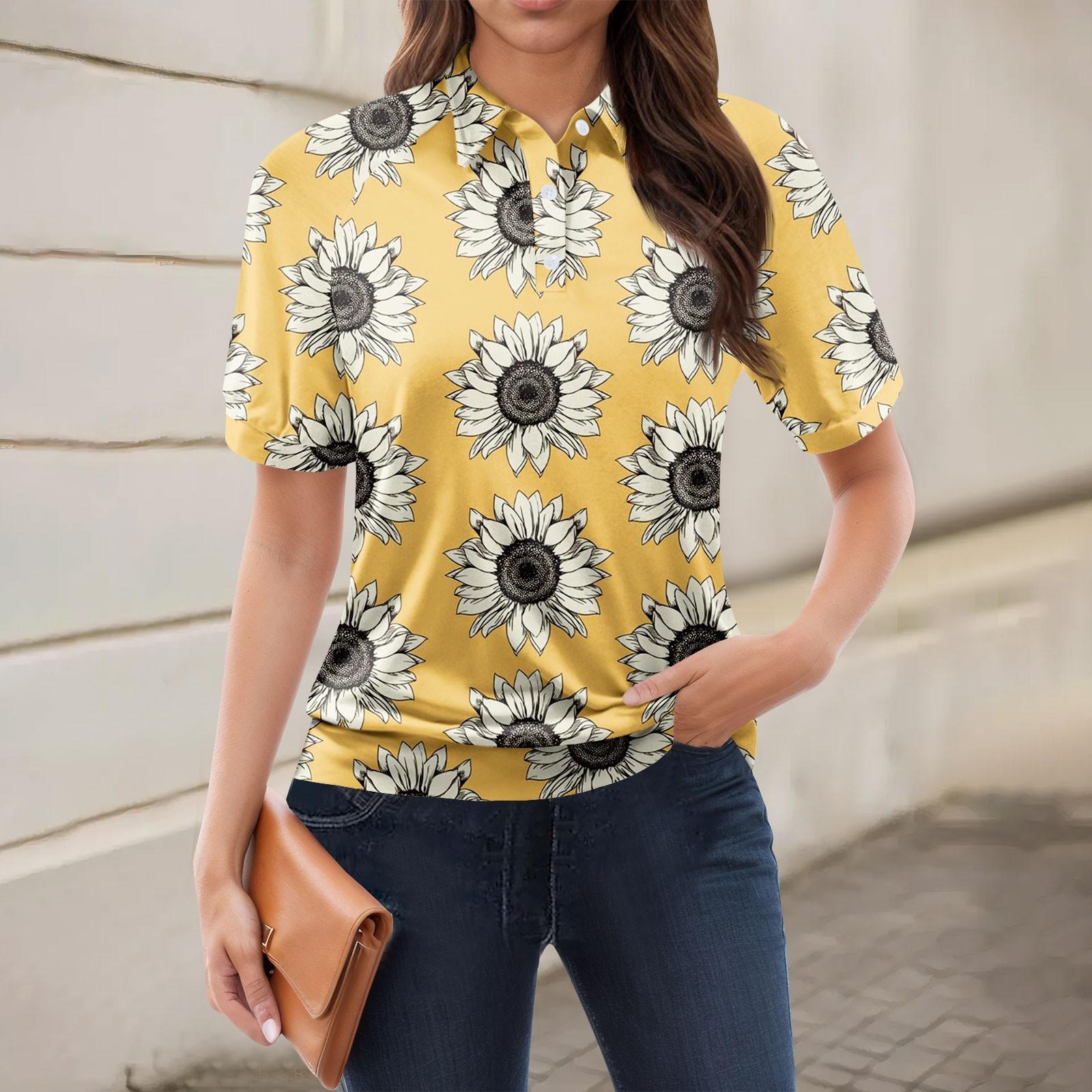 

Женская повседневная футболка с v-образным вырезом и коротким рукавом с цветочным принтом и декоративными пуговицами, топ XXL оранжевый