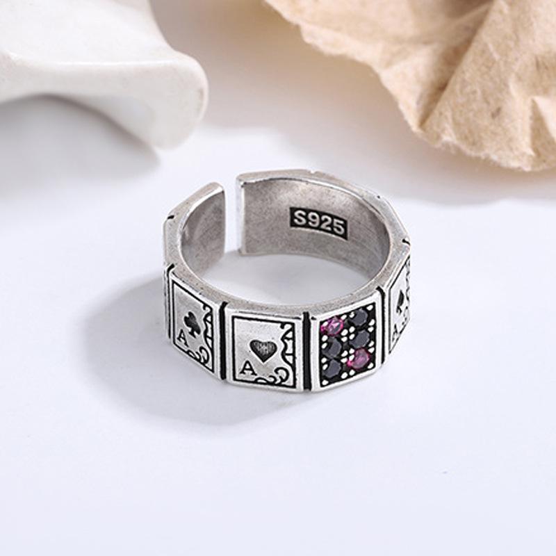 

Exaggerated Personality Poker Design Shiny Crystal Retro Thai Silver Ladies Ring for Women Christmas Gifts No Fade resizable
