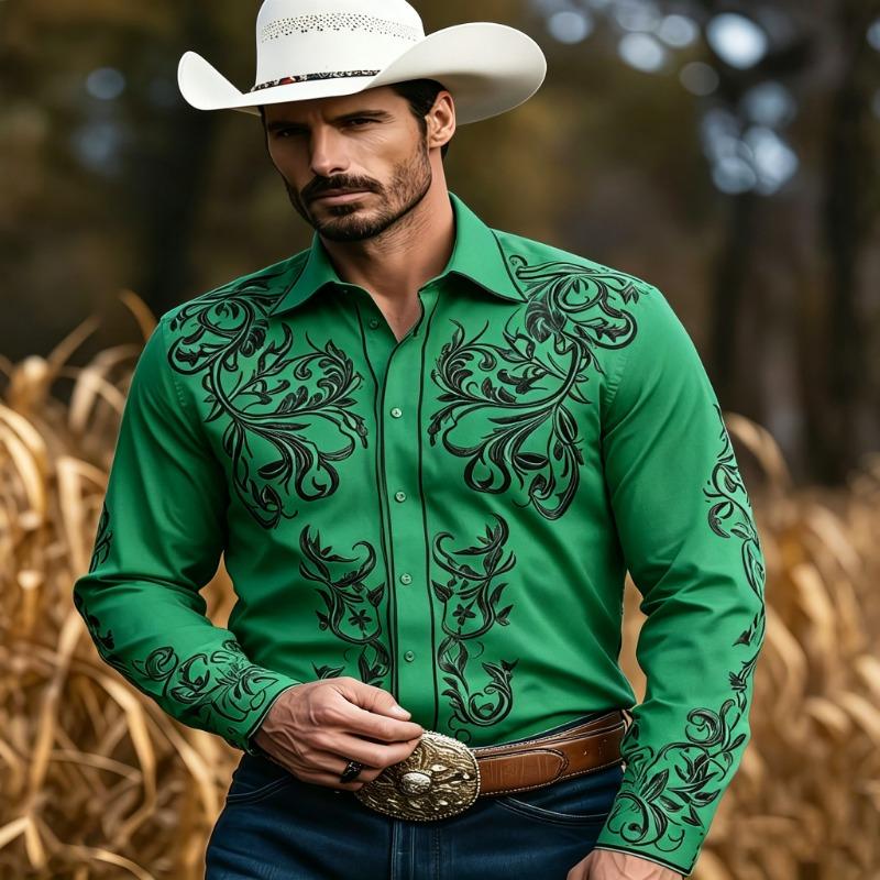 Retro Western Style Men's Long-Sleeved Baroque Floral and Vinyla Print Rural Ranch Versatile Casual Top