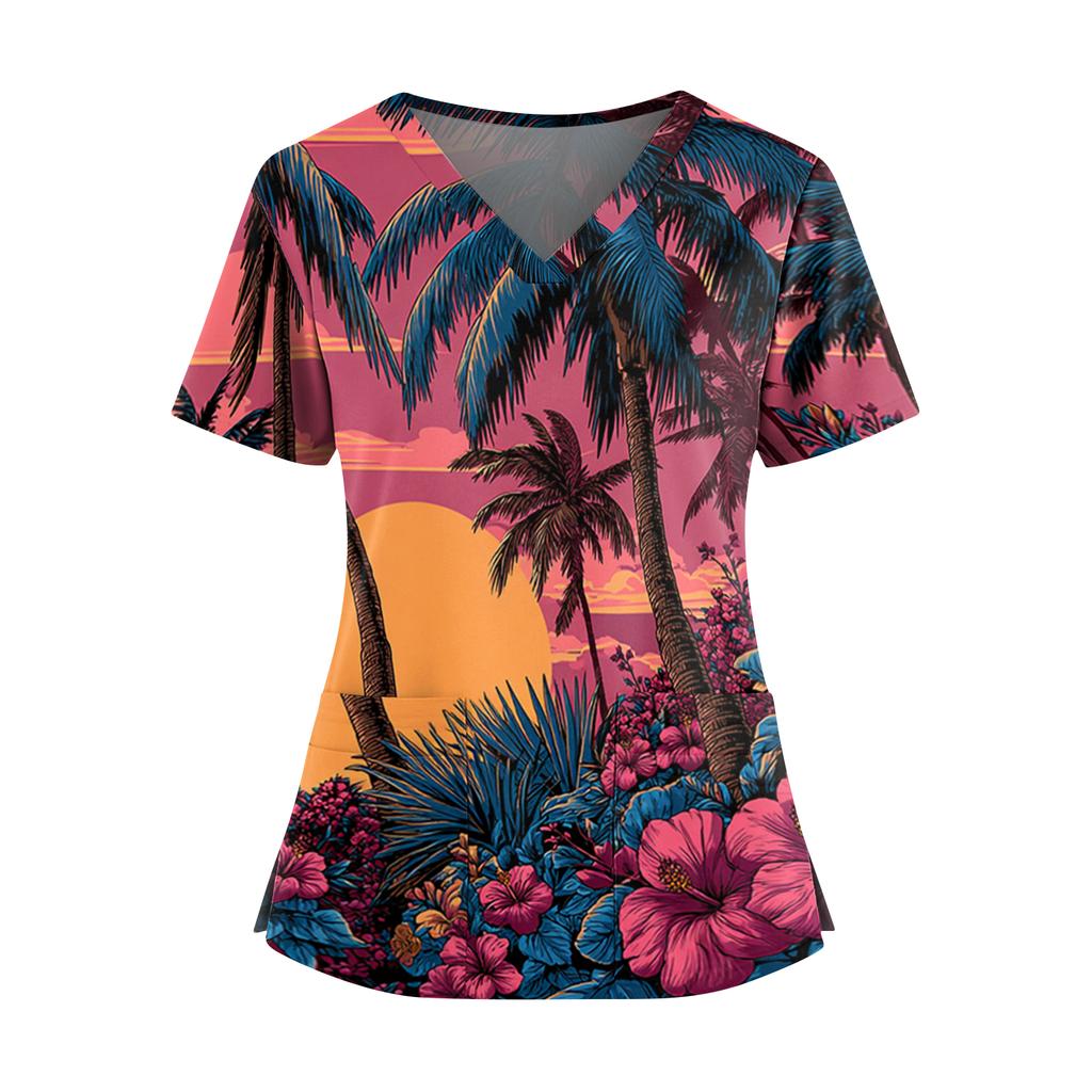 Women's Hawaiian Print V-Neck Double Pocket Short Sleeve Uniform/ Top