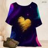 Women Plus Size Batwing Short Sleeve Top Round Neck Golden Heart Cosmic Galaxy Print Loose Casual Tunic Blouse