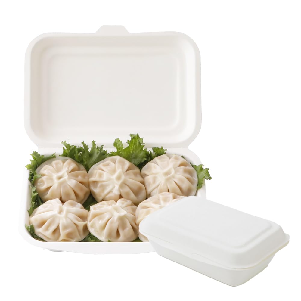 ECO&BASIC Disposable Lunch Boxes, 450ml, White, Pack of 50, Microwaveable, Takeout, Bagasse, Durable, Stain-Resistant, Eco-Friendly, Plant-Based,