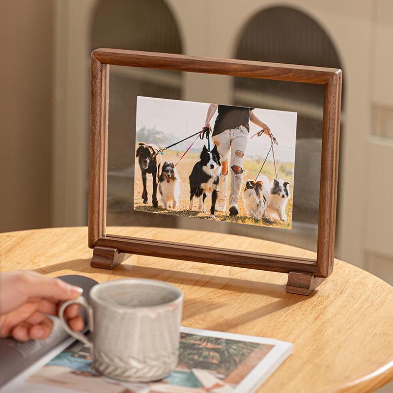 Black Walnut Double-Sided Transparent Photo Frame - Chinese Retro Style A4/A3 Tabletop Frame