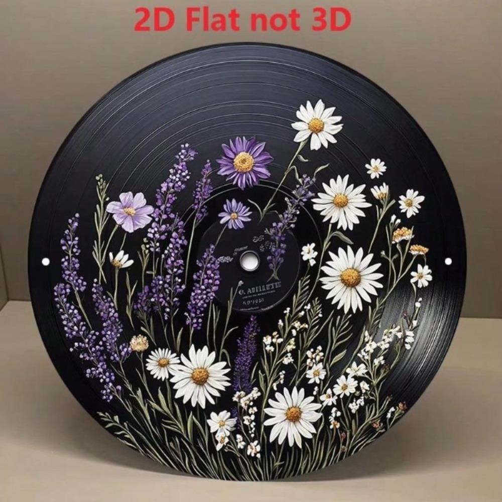 Vintage Floral Record Metal Wall Art 8x8 Inch Round Aluminum Sign Black