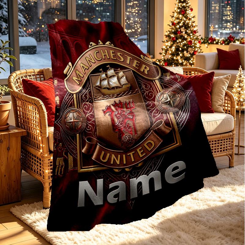 Custom Name Personalized Manchester United Print Blanket, Home Decor, Bedroom, Sofa, Camping, Couch, Gifts for Birthday Christmas