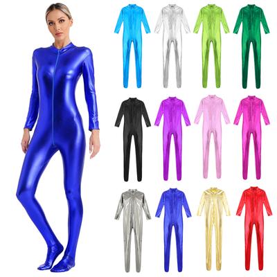 Dámský metalický lesklý zentai overal s falešným rolákem, dlouhým rukávem a předním zipem, celotělový unitard, legíny pro taneční vystoupení